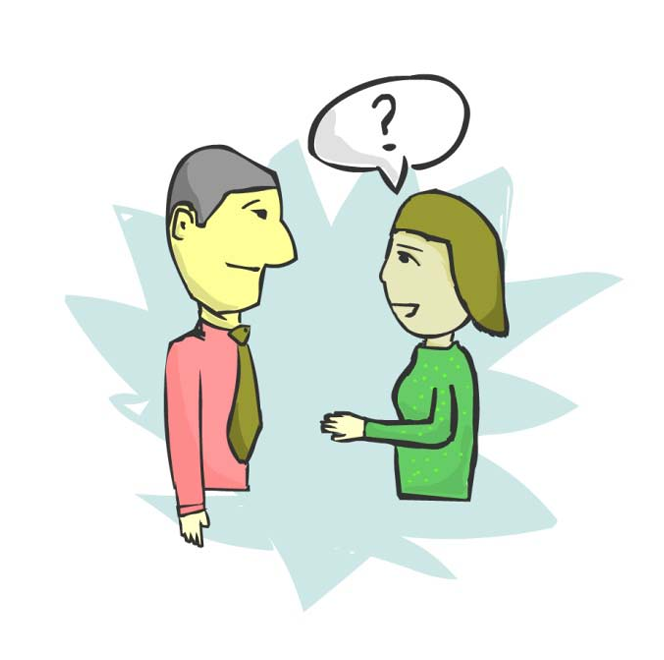 Two figures, one man, and one woman, face each other. The woman has a speech bubble with a question mark to represent that she is asking a question.