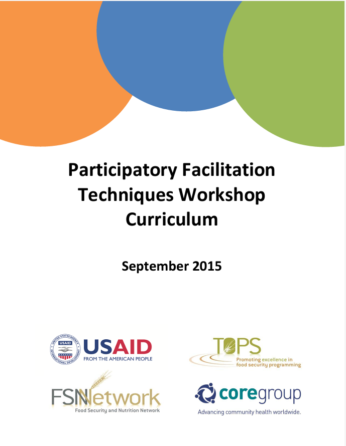 Cover of the Participatory Facilitation Techniques Workshop Curriculum, with orange, blue, and green circles and logos of organizations.