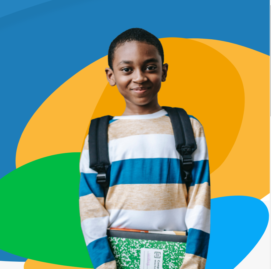 An African American boy wearing a striped shirt and backpack holds a green composition notebook and smiles against a background of yellow, green, and blue blobs.