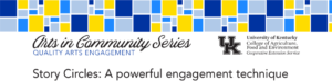 This is a screenshot of the top of the article. At the top is a header with blue and yellow squares, and below that it says "Arts in Community Series: Quality Arts Engagement," with the title "Story Circles: A powerful engagement technique" below that. To the right is the University of Kentucky logo and Extension information.