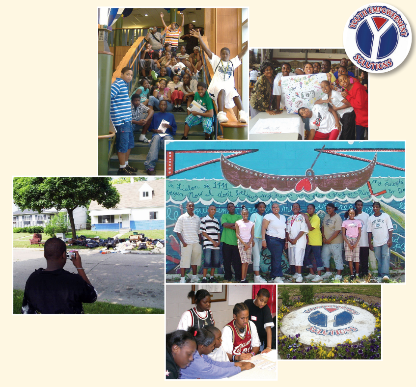 A collage of images of African American youth and adults engaging in community-based projects.