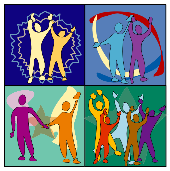 Cartoon outlines of people in yellow, blue, purple, pin, orange, red, and brown hold up their hands against a blue and green background.