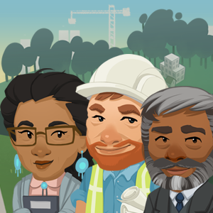 A cartoon of the local government officials - an Indigenous woman with a clipboard, a white man wearing construction gear, and a Desi man wearing a suit and tie stand smiling against a forested background.