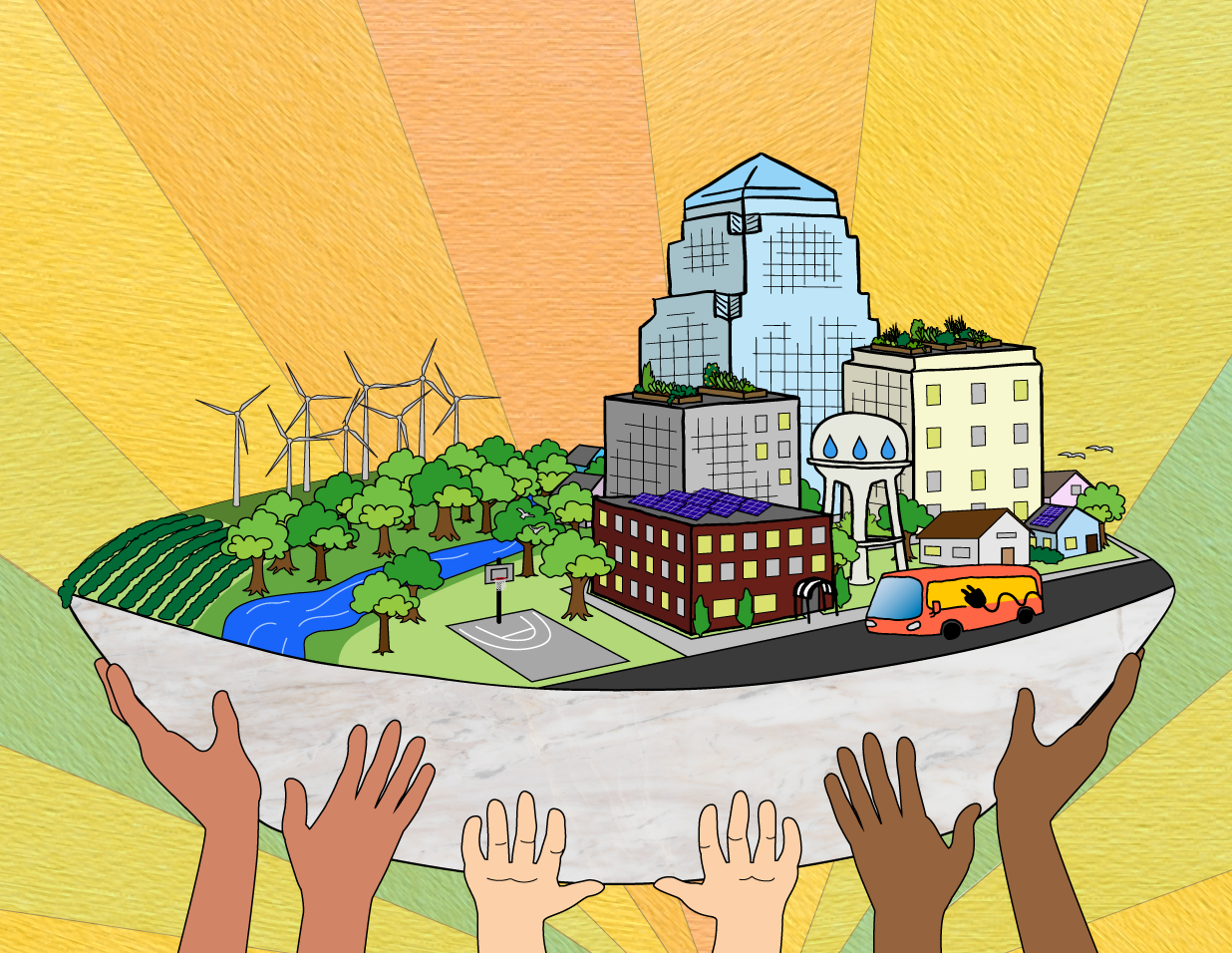 Hands of various skin tones hold up a bowl-shaped slice of the earth with buildings, wind power, trees, and a river depicted on it.