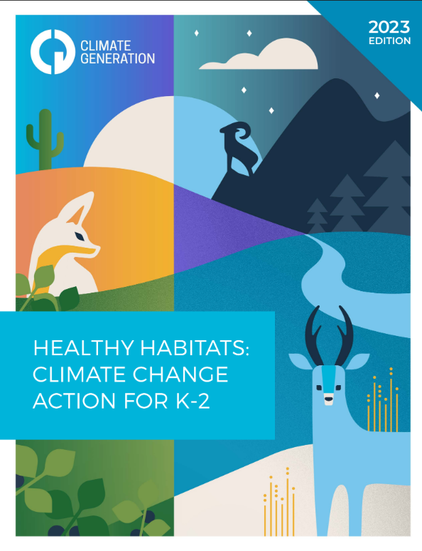 Cover of the healthy habitats curriculum featuring a fox, a deer, and the silhouette of a bighorn sheep on a blue, orange, and green backdrop.